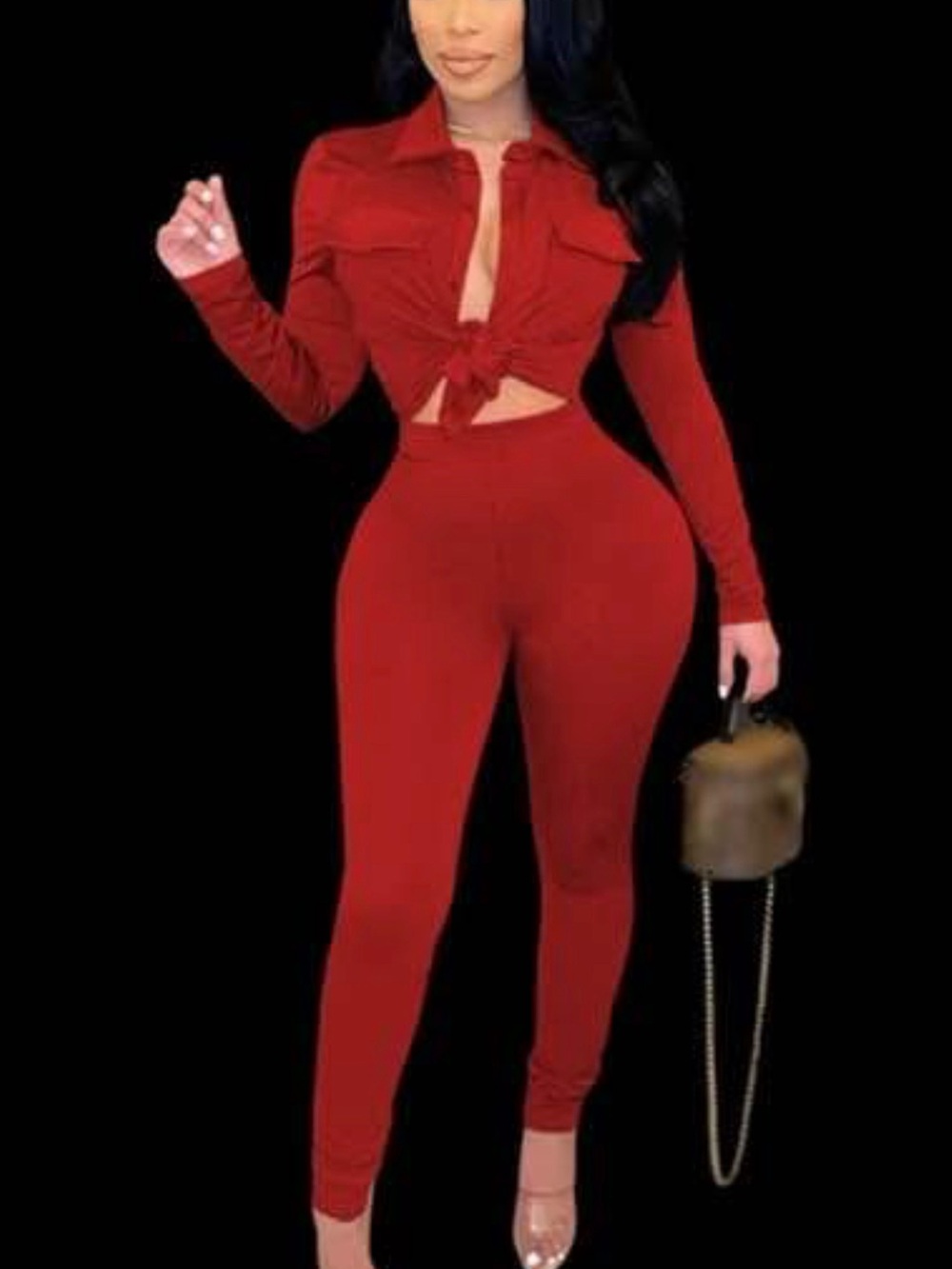Women's Red High-Waist Skinny Jumpsuit Set